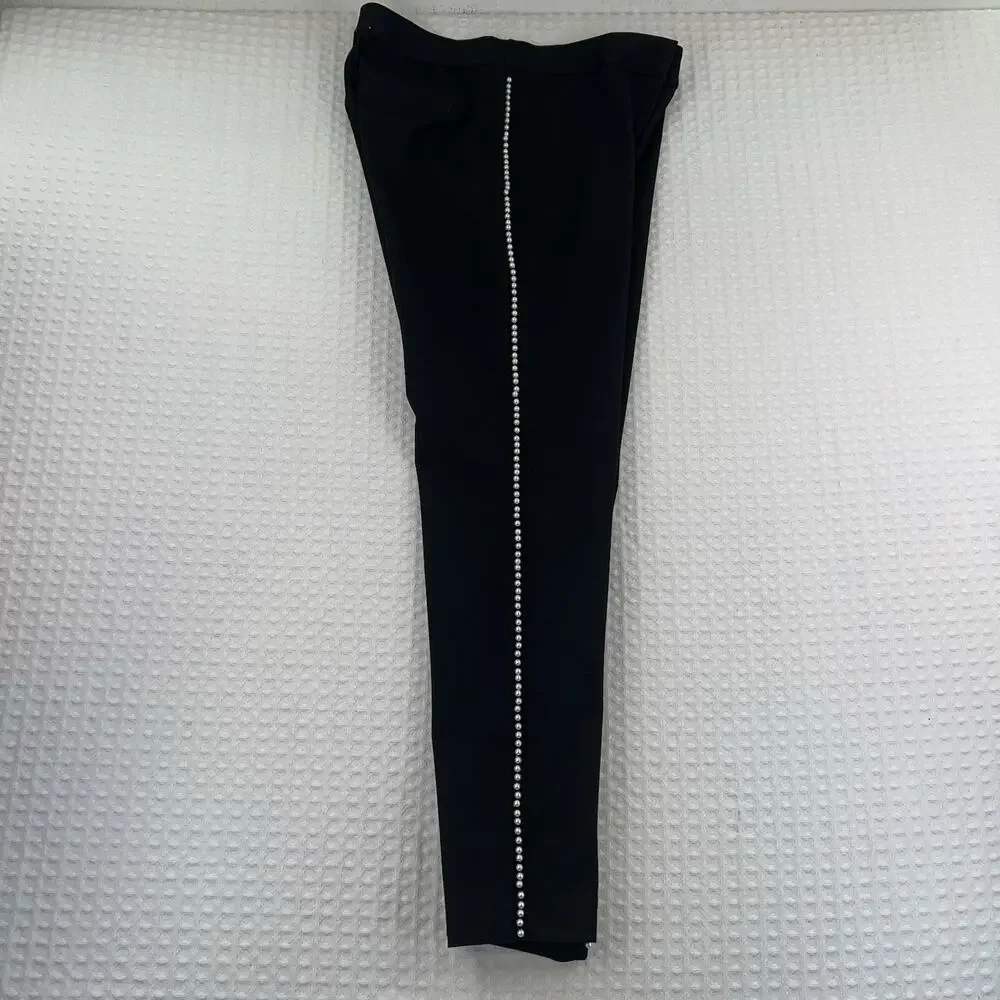 Express Womens S Black Ankle Pants Pearl Side Trim Mid Rise Stretch